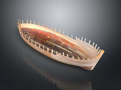 Ancient Style Wooden Boat Model With Ribbed Frame And Brown Red Wood Grain 3d model