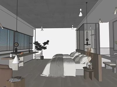 Modern Hotel Guest Room With King Bed Floor to Ceiling Windows and Indoor Plants 3d model