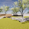 Curved Wooden Landscape Bridge In Natural Park With Green Grass And Trees