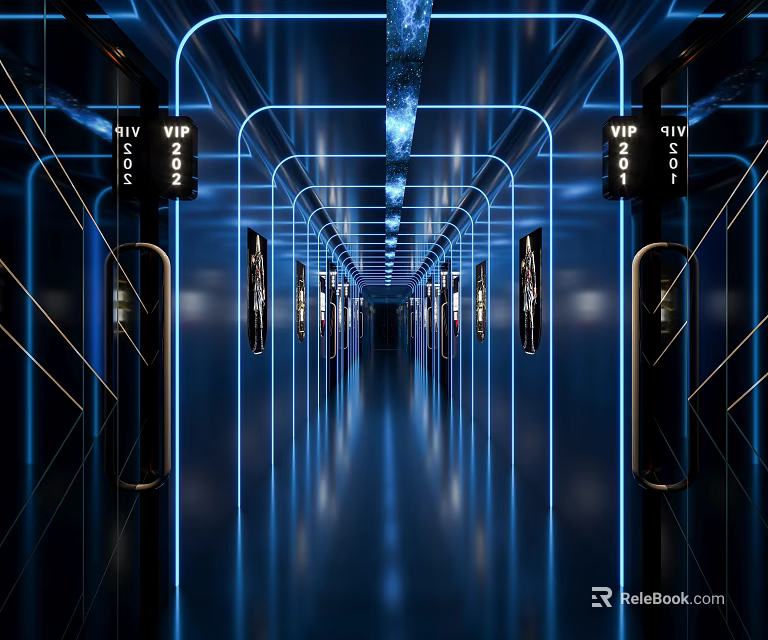 KTV Corridor With Blue Neon Lights VIP Signs And Futuristic Design 3d model 