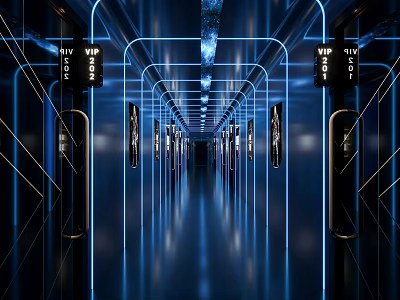 KTV Corridor With Blue Neon Lights VIP Signs And Futuristic Design 3d model