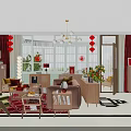 Cozy Retro Living And Dining Room With Festive Chinese New Year Decorations And Open Kitchen