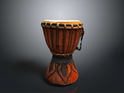 Traditional Hand Drum With Leather Head And Brown Wooden Body Black Striped Pattern 3d model