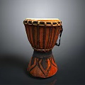 Traditional Hand Drum With Leather Head And Brown Wooden Body Black Striped Pattern