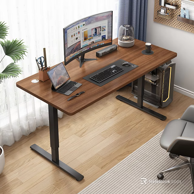 Wooden Office Desk With Computer Monitor Laptop Keyboard Mouse Pen Holder And Green Plant 3d model 