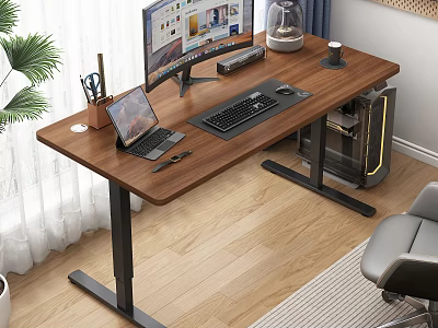 Wooden Office Desk With Computer Monitor Laptop Keyboard Mouse Pen Holder And Green Plant 3d model