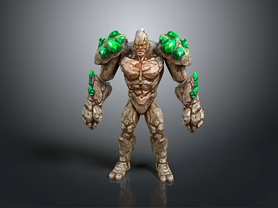 Muscular Stone Creature With Green Glowing Crystals On Shoulders And Arms 3d model