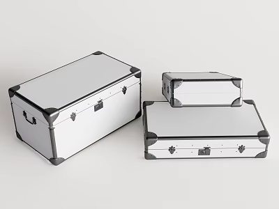 Silver Metal Storage Trunks With Black Corner Accents And Latches In Various Sizes 3d model
