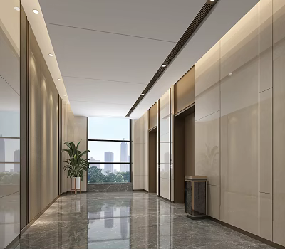 Modern Elevator Lobby With Large Windows City View Greenery And Marble Flooring 3d model