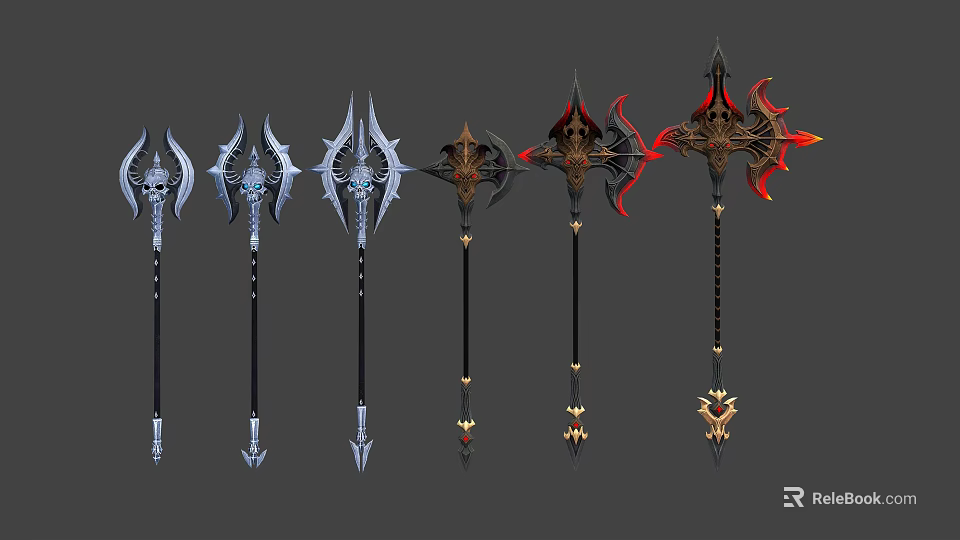 Fantasy Staff Weapon Designs With Detailed Metal Ornaments And Colored Accents 3d model 