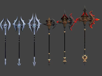 Fantasy Staff Weapon Designs With Detailed Metal Ornaments And Colored Accents 3d model