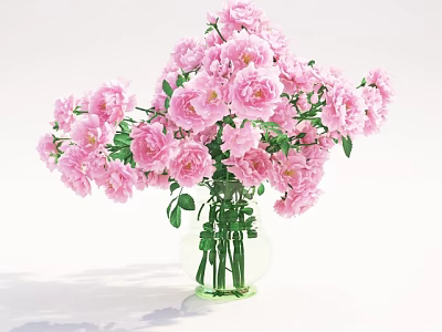 Transparent Glass Vase With Lush Pink Roses And Green Leaves On White Background 3d model