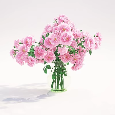 Transparent Glass Vase With Lush Pink Roses And Green Leaves On White Background 3d model