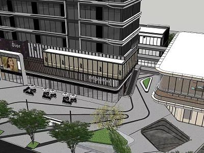 Modern Commercial Complex With Glass Facade Retail Shops Parking Area And Landscaped Gardens 3d model