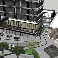 Modern Commercial Complex With Glass Facade Retail Shops Parking Area And Landscaped Gardens 3d model