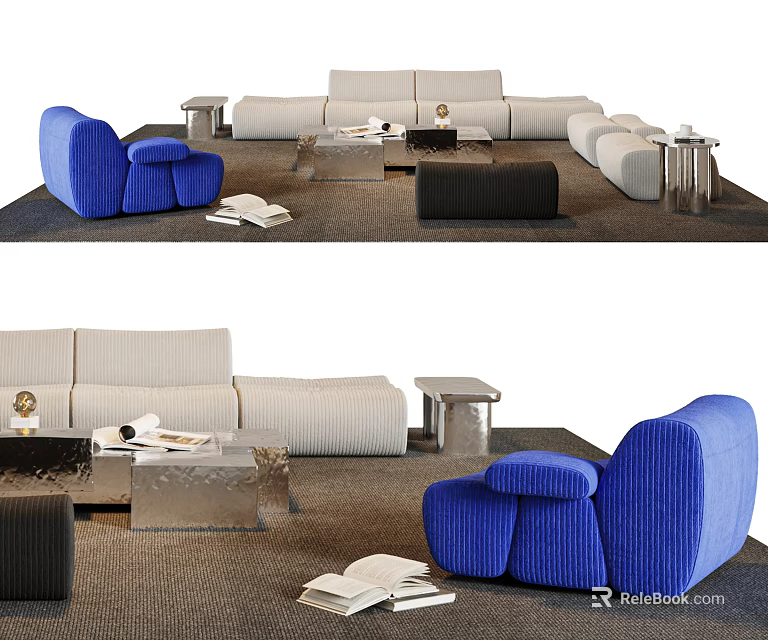 Modern Sofa And Coffee Table Set With Blue Beige Ottoman Metallic Table And Magazines 3d model 