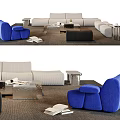 Modern Sofa And Coffee Table Set With Blue Beige Ottoman Metallic Table And Magazines