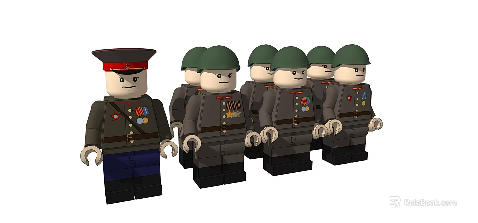 Building Blocks Military Minifigures with Officer Red Cap and Soldiers Green Hats Uniforms Medals 3d model 
