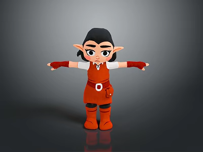 3D Cartoon Elf Character With Black Short Hair Red Dress White Sleeves And Outstretched Arms 3d model