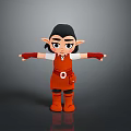 3D Cartoon Elf Character With Black Short Hair Red Dress White Sleeves And Outstretched Arms