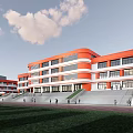 Orange And White Modern School Building With Multi Story Classrooms Campus Square And Trees