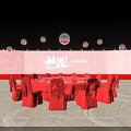 Chinese Style Stage with Red Tables Chairs Banner and Decorative Lighting Setup