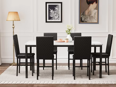 Modern Dining Room Interior With White Dining Table Black Chairs Floor Lamp And Decorative Artworks 3d model