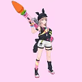 Woman With Rabbit Ears Holding Carrot Weapon In Black Top White Shorts Against Pink Background