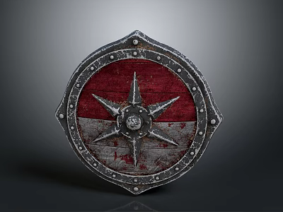 Medieval Bloodstained Shield With Red White Wooden Surface Star Shaped Metal Riveted Frame 3d model