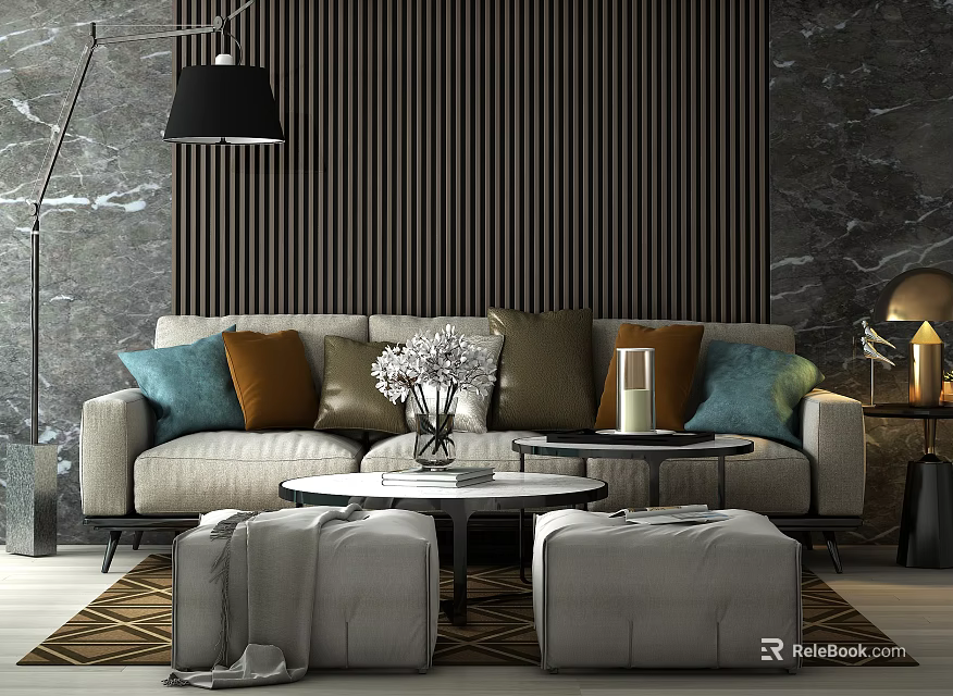 Modern Sofa Coffee Table Set With Colorful Pillows Decorative Vase And Stools 3d model