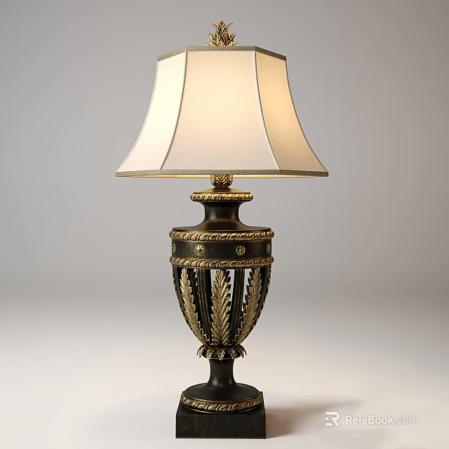 Classical Table Lamp With Gold Leaf Patterns Black Base And White Lampshade 3d model