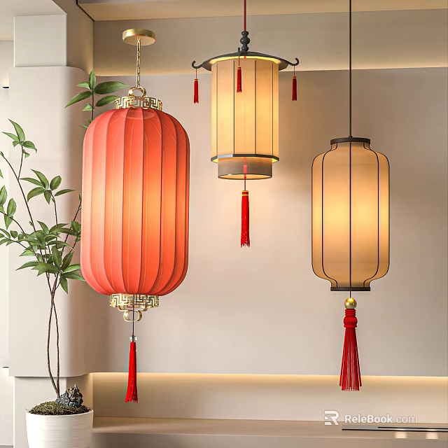 Traditional Red And Beige Hanging Lanterns For Home Interior Decoration With Green Plant 3d model 