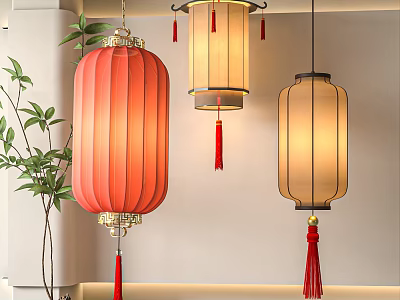 Traditional Red And Beige Hanging Lanterns For Home Interior Decoration With Green Plant 3d model