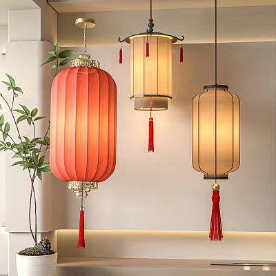 Traditional Red And Beige Hanging Lanterns For Home Interior Decoration With Green Plant 3d model