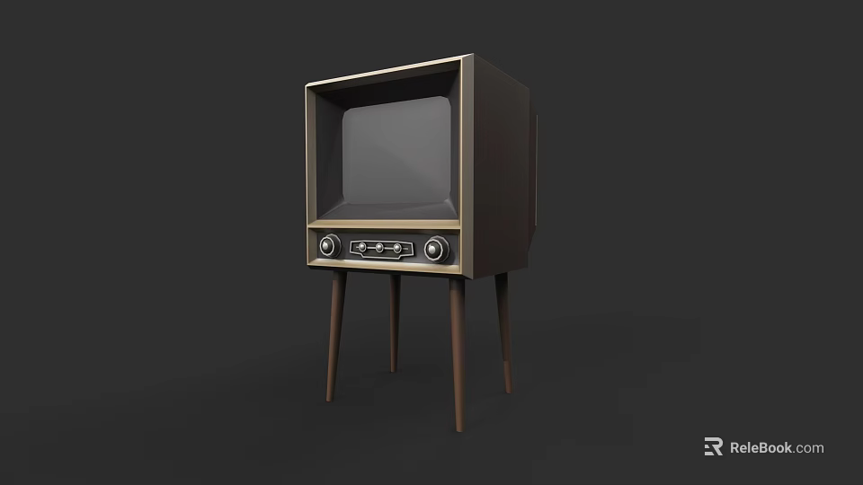 Vintage TV Set With Wooden Legs And Black Screen Front Knobs 3d model 