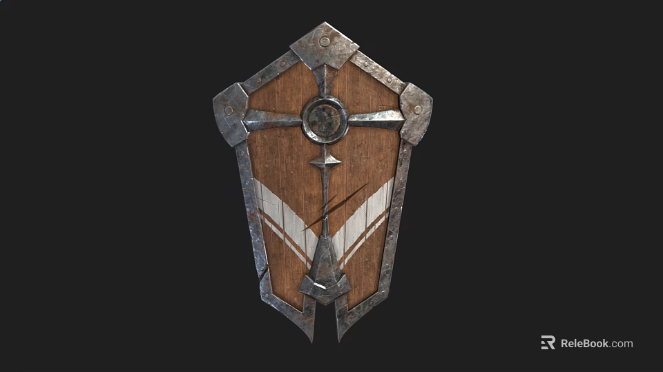 Medieval Weapon Shield With Wooden Body Metal Accents Circular Center And White Wing Patterns 3d model 