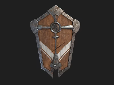 Medieval Weapon Shield With Wooden Body Metal Accents Circular Center And White Wing Patterns 3d model