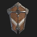 Medieval Weapon Shield With Wooden Body Metal Accents Circular Center And White Wing Patterns