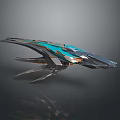 Futuristic Spaceship Streamlined Design Featuring Turquoise And Metallic Accents With Sleek Wings And Complex Structure