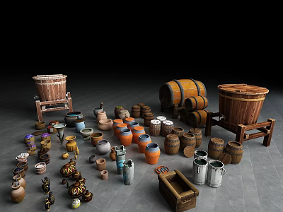 Traditional Storage Items Collection With Clay Pots Wooden Barrels And Wooden Boxes 3d model