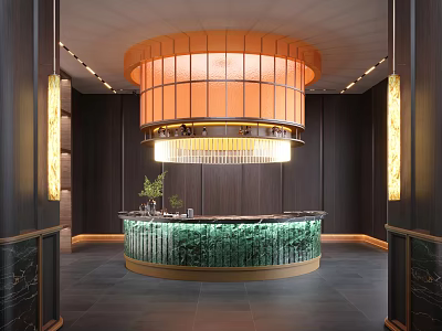 Luxurious Hotel Lobby Interior With Circular Reception Desk And Elegant Chandelier Lighting 3d model
