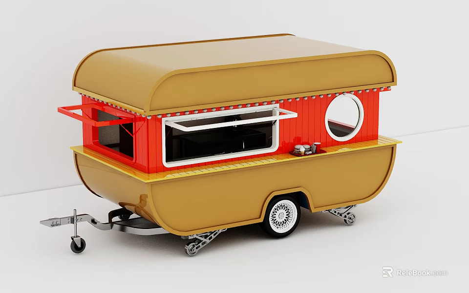 Vintage Caravan With Brown And Red Exterior Window Awning Round Porthole And Wheels 3d model 