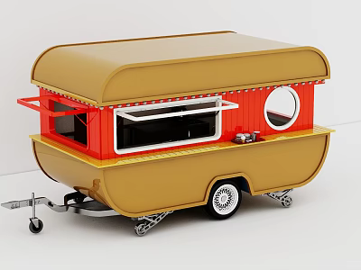 Vintage Caravan With Brown And Red Exterior Window Awning Round Porthole And Wheels 3d model
