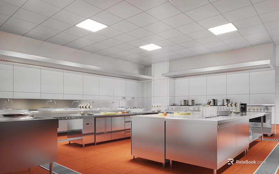 Modern Commercial Kitchen With White Cabinets Stainless Steel Countertops And Orange Flooring 3d model 