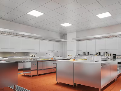 Modern Commercial Kitchen With White Cabinets Stainless Steel Countertops And Orange Flooring 3d model