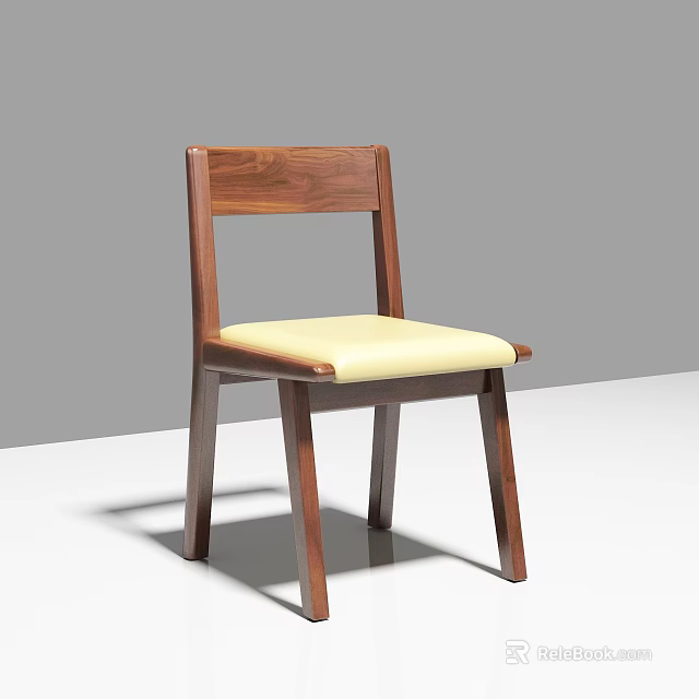 Walnut Wood Dining Chair With Minimalist Design And Light Yellow Cushion Frame 3d model 