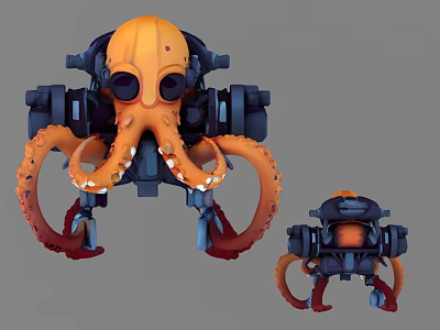 Orange Mechanical Octopus 3D Model Design With Long Tentacles And Robotic Components 3d model