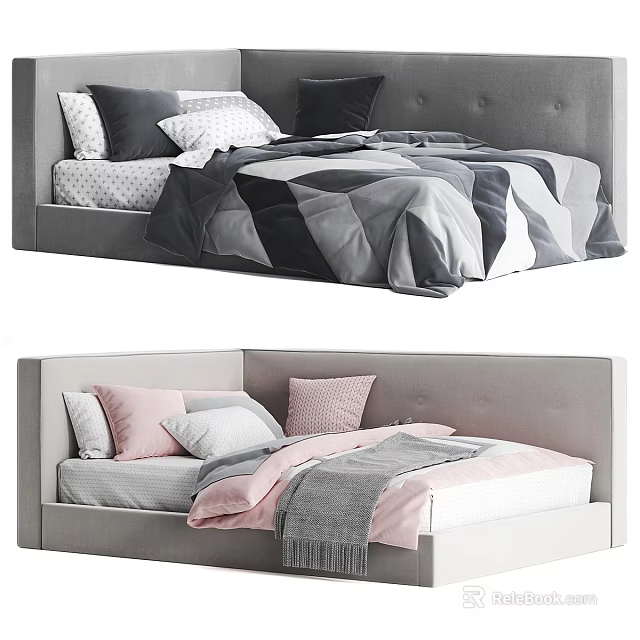 Modern Kids Bed with Tufted Gray Headboard and Soft Pink Gray Bedding for Children Bedroom 3d model 