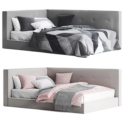 Modern Kids Bed with Tufted Gray Headboard and Soft Pink Gray Bedding for Children Bedroom 3d model