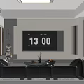 Modern Living Room With Black Leather Sofa Glass Coffee Table Geometric Pendant Light And Ottoman